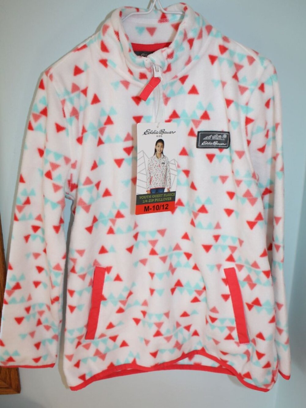 NWT EDDIE BAUER Girls Size M 10-12 Coral Blue White Fleece Sweatshirt Pockets